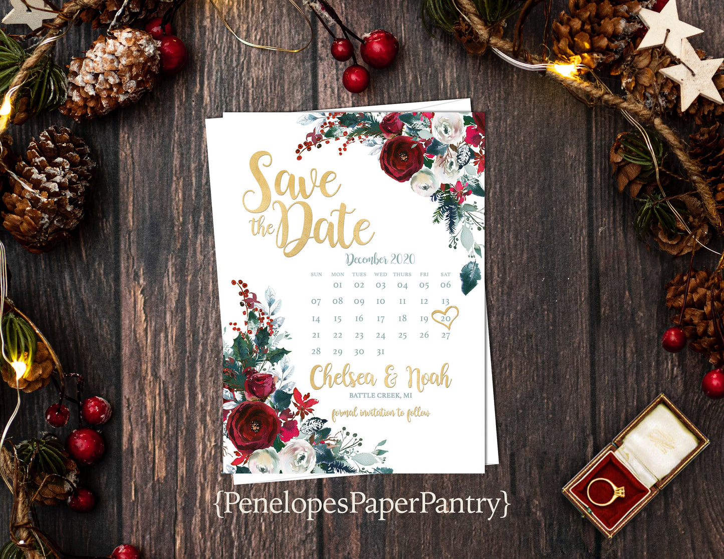 Winter Red and Green Florals with Calendar Save the Date