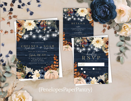 Rustic Fall Wedding Invitation – Personalized Navy & Barn Wood Design with Rust, White Pumpkins & Gold Shimmer – Printed with Envelopes Included