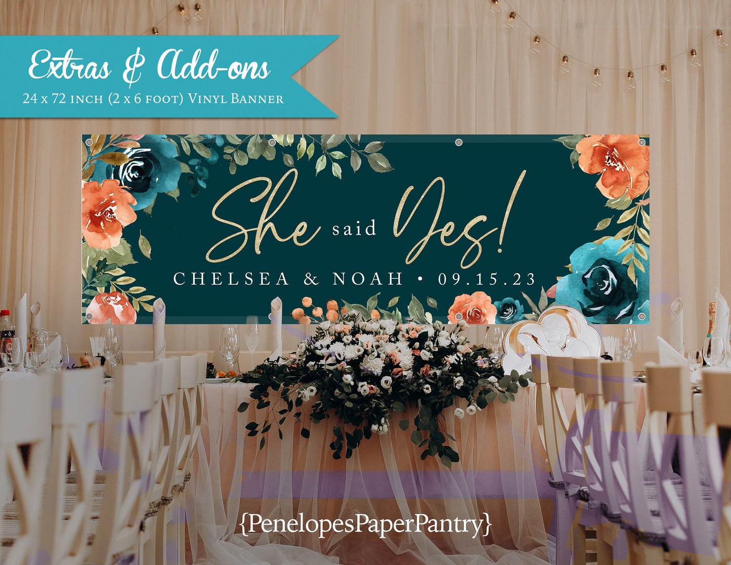 Teal and Orange Florals with Dark Teal BackgroundEngagement Vinyl Banner with Grommets