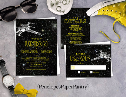 May 4th Wedding Invitation,May 4th Wedding Invite,Galaxy,X Wing Fighter,Personalize,Shimmery,Printed Invitation,Envelope Included