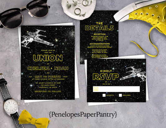 May 4th Wedding Invitation,May 4th Wedding Invite,Galaxy,X Wing Fighter,Personalize,Shimmery,Printed Invitation,Envelope Included