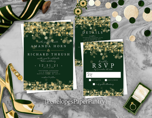 Gold Bokeh String Lights and Celtic Love Knot with Green Background Traditional Wedding Invitation, Sets, or Suite