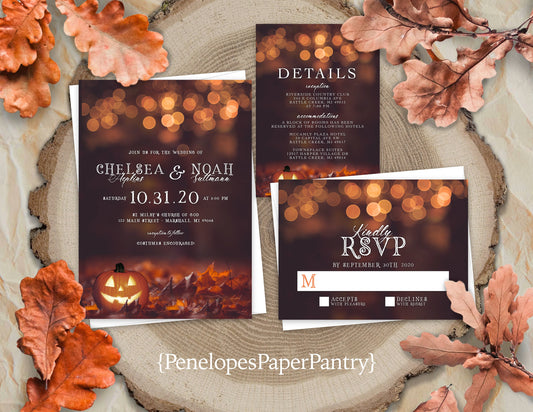 Halloween Jack o lantern and Leaves Scene with Bokeh Lights Fall Wedding Invitation, Set, or Suite