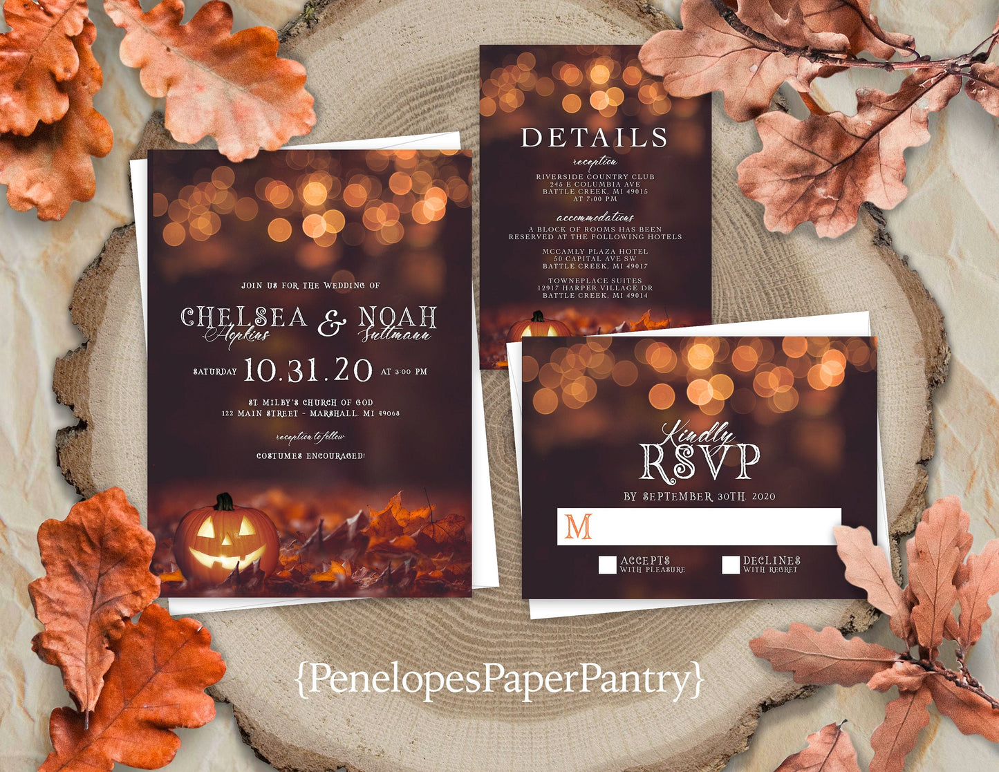Romantic Halloween Fall Wedding Invitation – Burnt Orange Bubble Lights, Jack-o’-Lantern & Autumn Leaves – Personalized Shimmery Printed Invitations