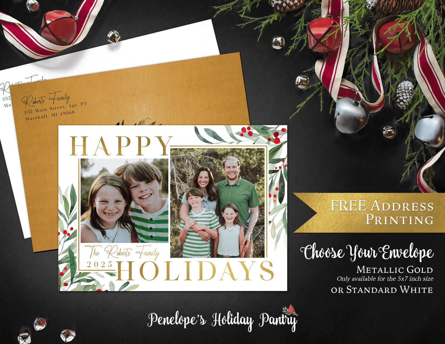 Festive Happy Holidays Photo Card | Personalized Gold Foil Mistletoe Card with Multiple Photos