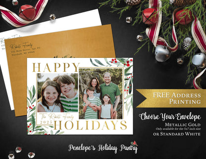 Festive Happy Holidays Photo Card | Personalized Gold Foil Mistletoe Card with Multiple Photos