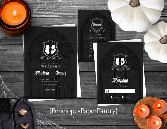 Elegant Halloween Wedding Invitation – Addams Family Morticia & Gomez – Personalized Gothic Black & White Invite with Envelopes