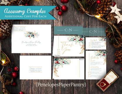 Sophisticated Winter Wedding Invitation – Green, Red & Gold Calligraphy, Shimmery Custom Text, Printed with Envelopes Included