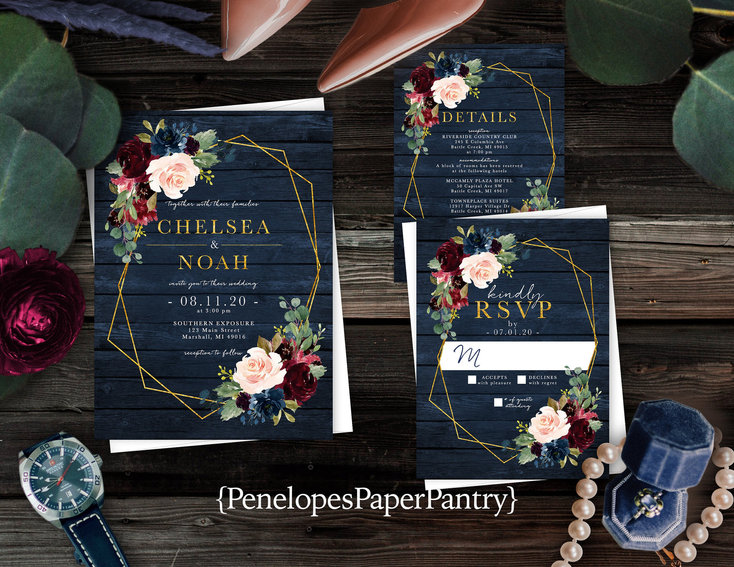 Navy, Burgundy, and Blush Florals with Geometric Frame on Blue Wood Background Fall Wedding Invitation, Set, or Suite