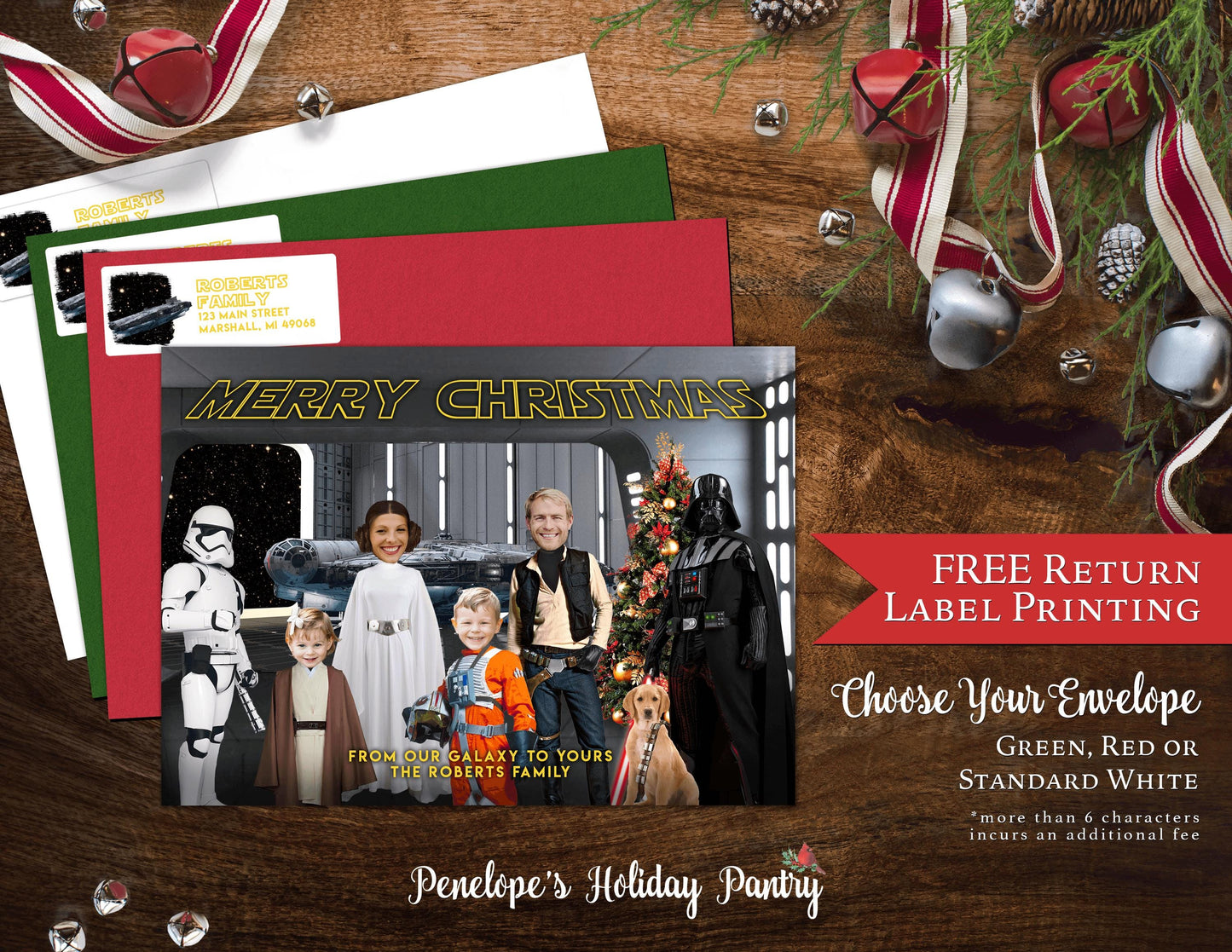 Funny Star Wars Christmas Photo Card – Personalized Family Card with Luke, Leia, Darth Vader & Chewbacca – Printed with Envelopes Included
