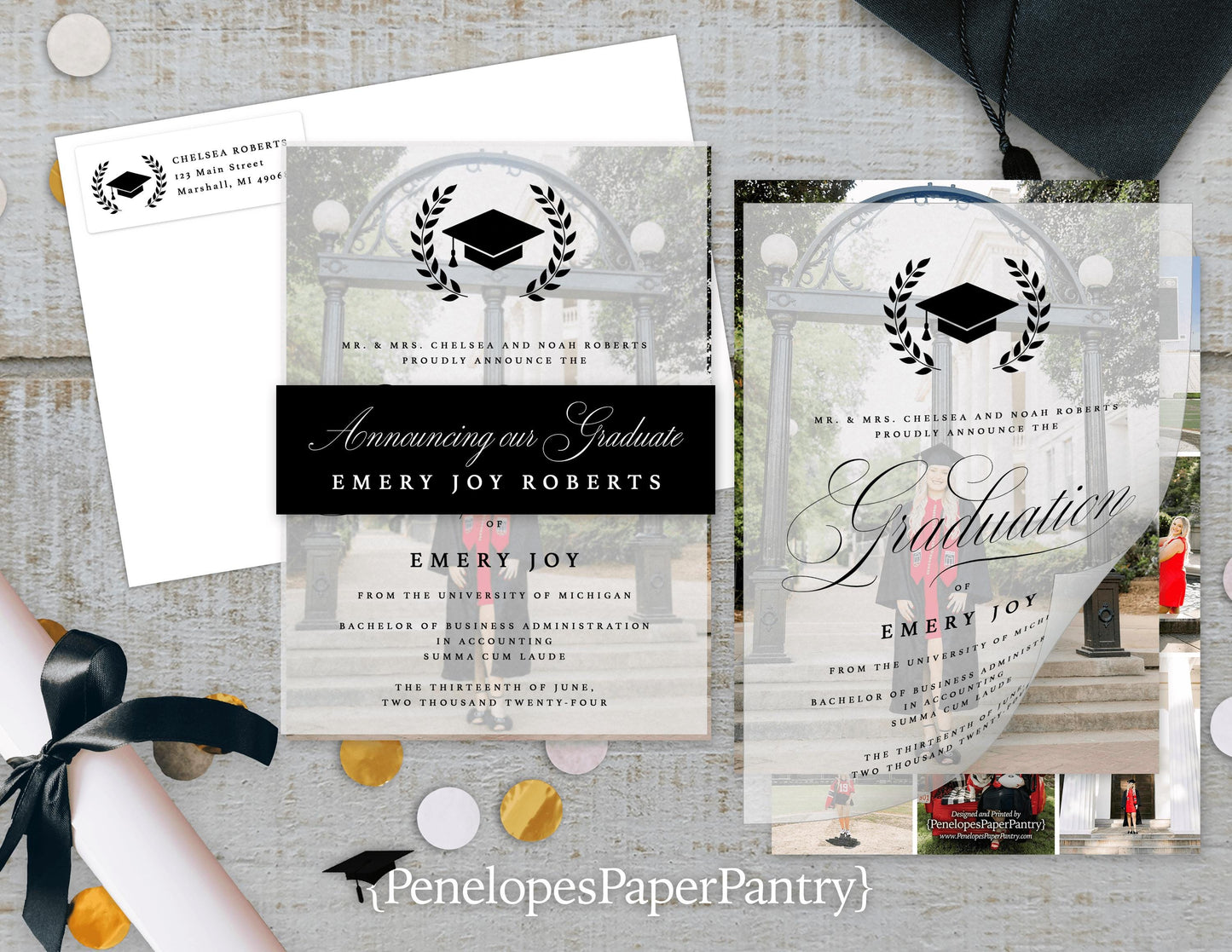 3 Piece Photo, Vellum Overlay, and Band Graduation Open House or Ceremony Invitation