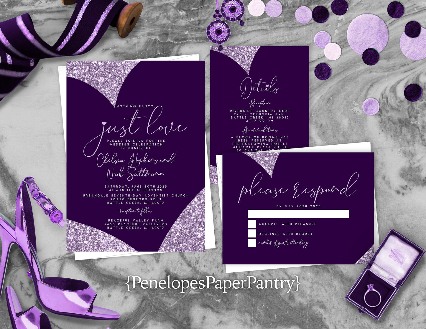 Purple Heart with Faux Light Purple Glitter Traditional Wedding Invitation, Sets, or Suite