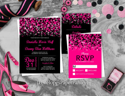 Hot Pink Bokeh with Black Background Traditional Wedding Invitation, Sets, or Suite