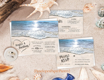 Daytime Heart in Sand Beach Wedding Invitation, Set, or Suite