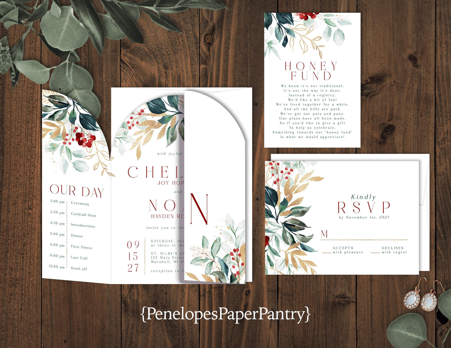 Die Cut Gatefold Winter Florals with White Background Folded Wedding Invitation, Set, or Suite