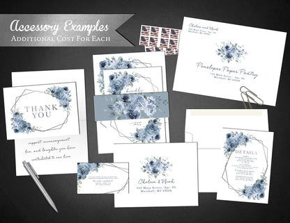 Elegant Dusty Blue Floral Summer Wedding Invitation Personalized Geometric Frame Silver Foil Printed Invitations Envelopes Included Unique