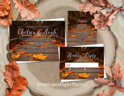 Orange Leaves on a Walkway Scene Fall Wedding Invitation, Set, or Suite