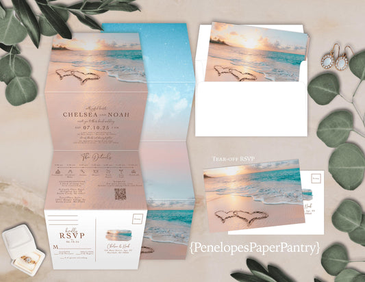 All in One Beach Sand Scene Folded Wedding Invitation with Tear-Off RSVP