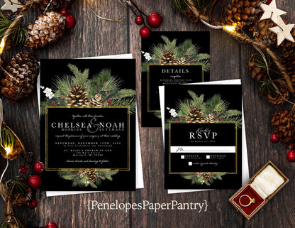 Pinecone and Branches with Gold Frame and Black Background Winter Wedding Invitation, Set, or Suite