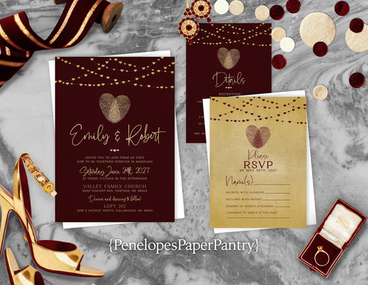 Burgundy Thumbprint Heart on Metallic Gold Paper Traditional Wedding Invitation, Sets, or Suite