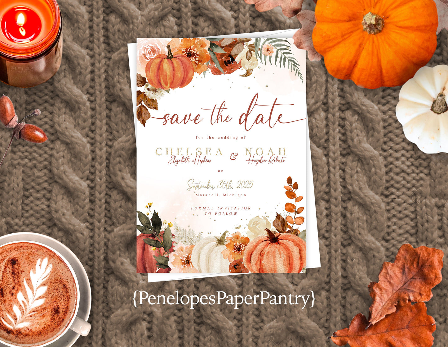 Pumpkin and Neutral Florals with White Background Save the Date