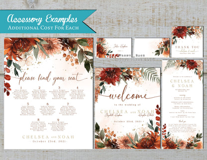 Terracotta, Burgundy, and Burnt Orange Florals with White Background Fall Wedding Invitation, Set, or Suite