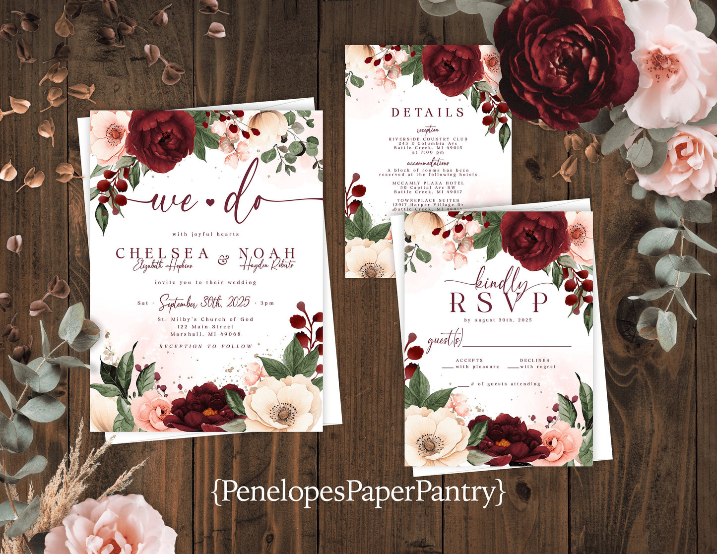 Burgundy and Blush Florals on White Background Fall Wedding Invitation, Set, or Suite