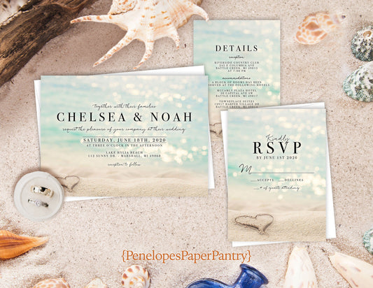 Daytime and Starfish Beach Wedding Invitation, Set, or Suite