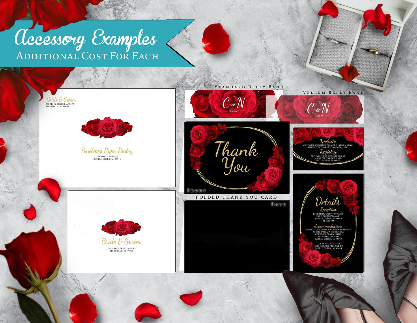 Red Florals with Oval Frame and Black Background Rose Wedding Invitation, Set, or Suite