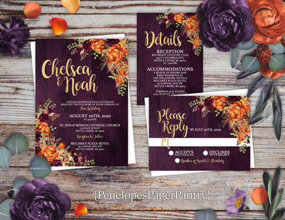 Orange and Plum Florals on Purple Barnwood Fall Wedding Invitation, Set, or Suite