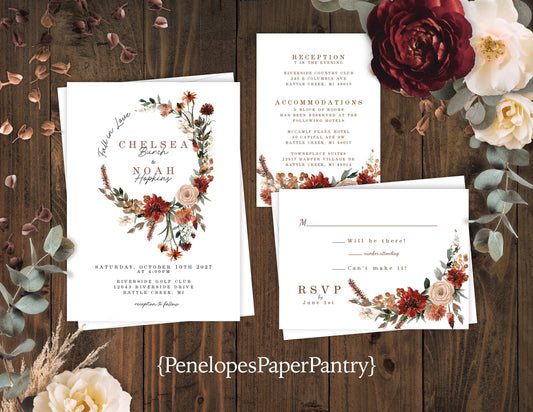 Terracotta Fall Wedding Invitation – Burnt Orange Floral Wreath Design – Personalized “Fall in Love” Printed Invite with Envelopes Included