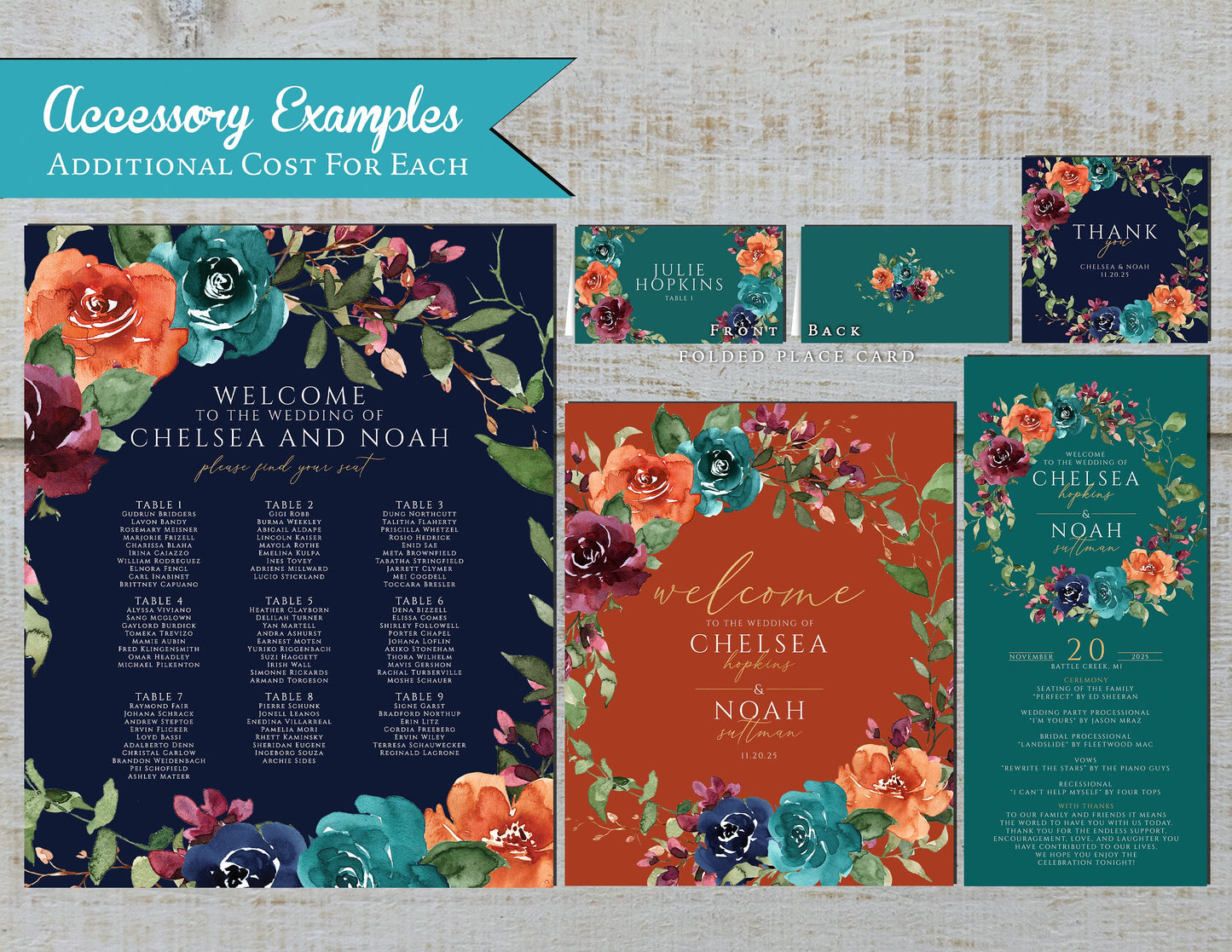 Jewel Tone Florals on Navy, Teal, and Orange Background Fall Wedding Invitation, Set, or Suite