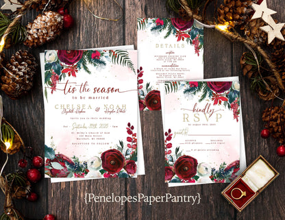 Red and Green Florals with White Background Winter Wedding Invitation, Set, or Suite