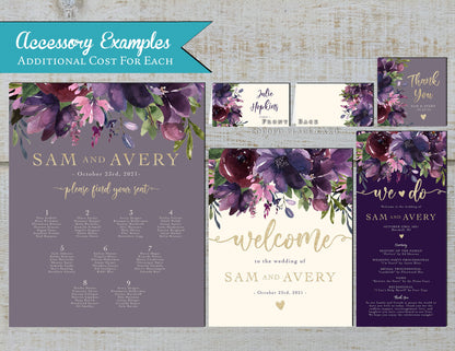 Elegant Dusty Purple Floral Summer Wedding Invitation Personalized Plum Violet Magenta Gold Print Shimmery Printed Invitations With Envelope