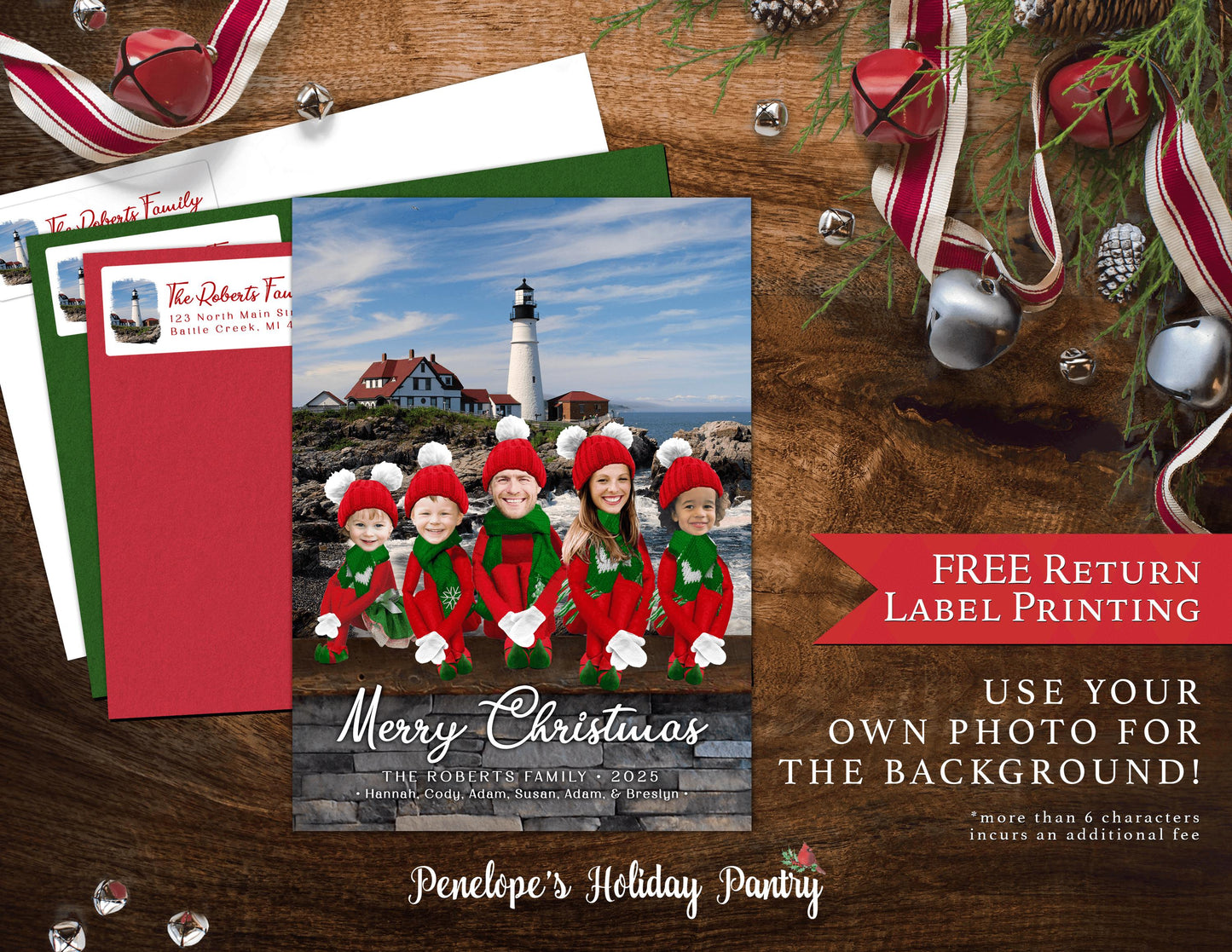 Personalized Funny Elf Family Christmas Photo Card with Custom Background Printed Cards  Envelopes Unique Return Address Label