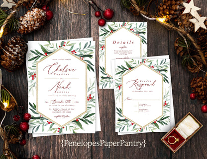 Holly and Mistletoe Floral Border Winter Wedding Invitation, Set, or Suite