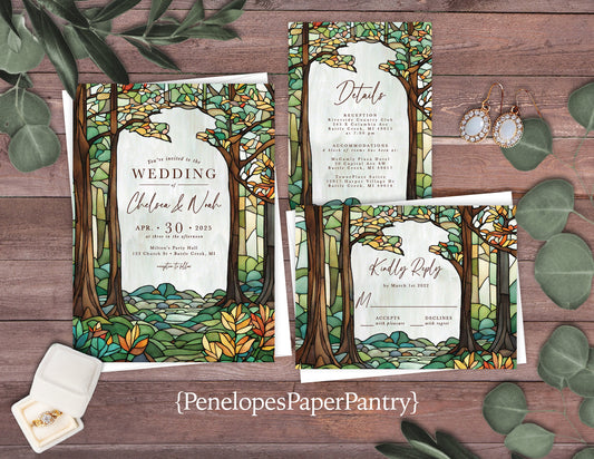 Forest Scene Faux Stained Glass Fall Wedding Invitation, Set, or Suite