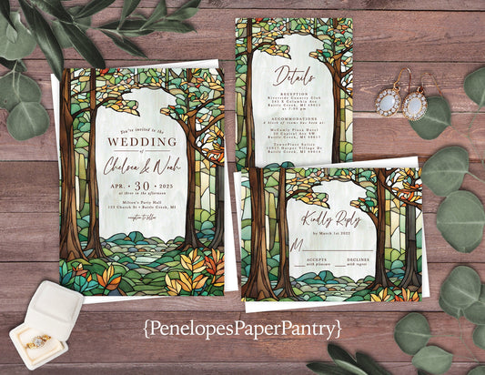 Unique Fall Wedding Invitation – Stained Glass Autumn Forest Design with Shimmery Print – Personalized Custom Text & Envelopes Included