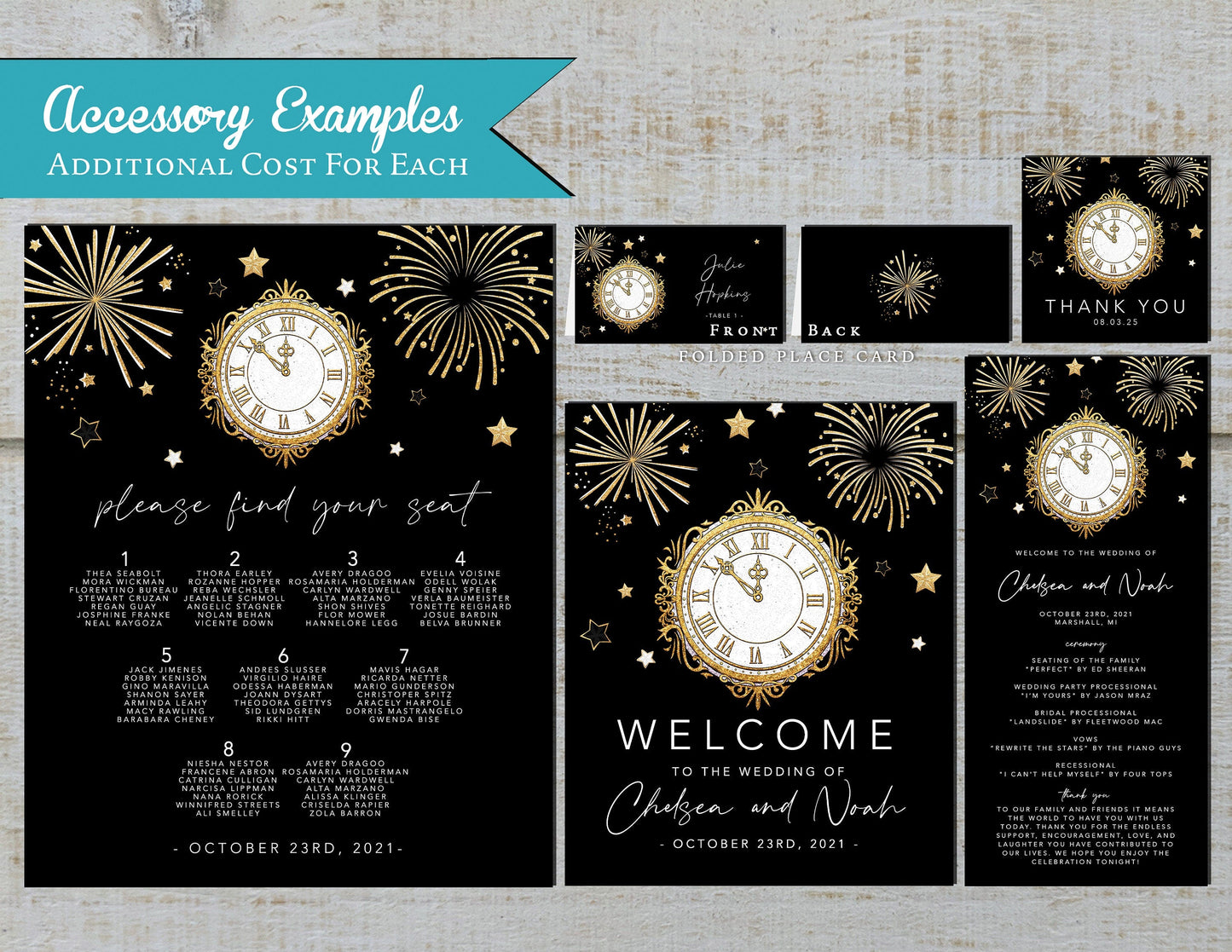 New Year's Eve Gold Clock and Fireworks on Black Background Traditional Wedding Invitation, Sets, or Suite