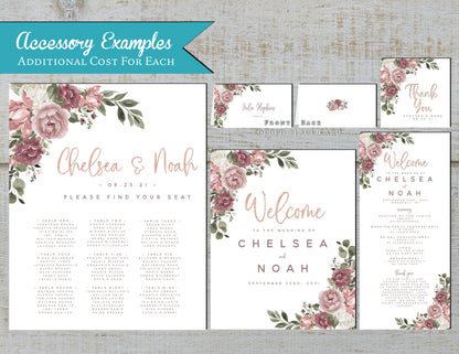 Elegant Mauve Floral Summer Wedding Invitation Personalized Dusty Rose Blush Roses Calligraphy Shimmery Printed Invitation Envelope Included