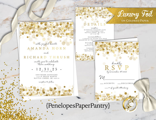 Gold Foil Bokeh String Lights on White Paper Wedding Invitation, Sets, or Suite