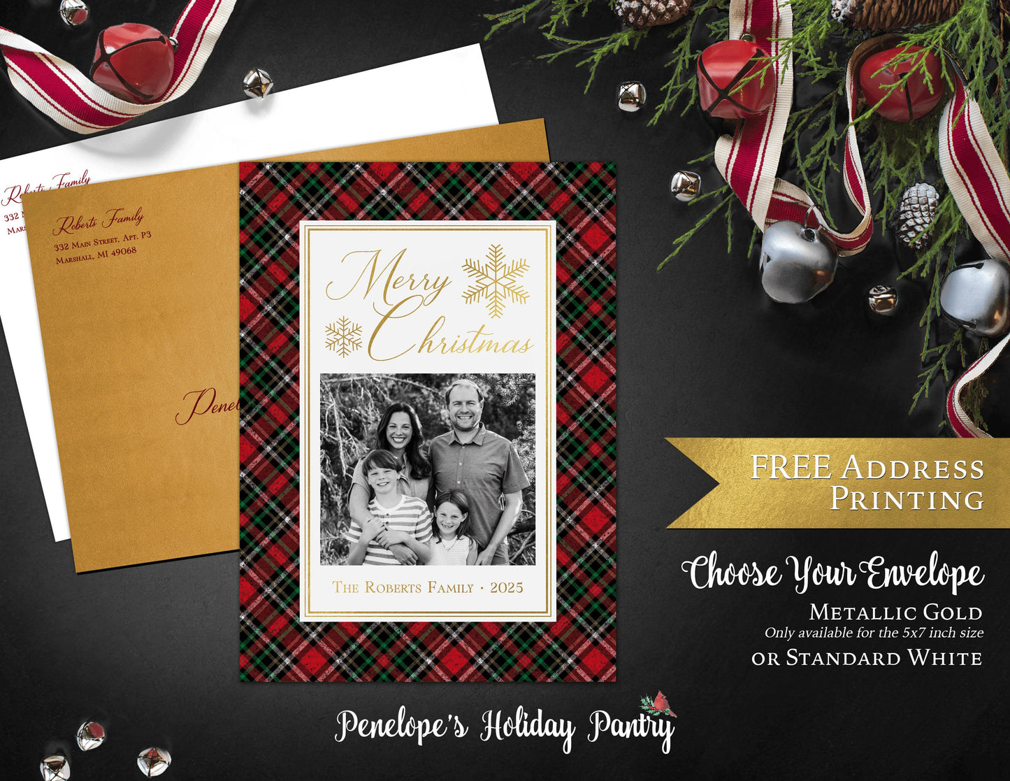 Elegant Plaid Christmas Photo Card Personalized Gold Foil Custom Text Printed Cards Envelopes Included FREE Address Printing Traditional