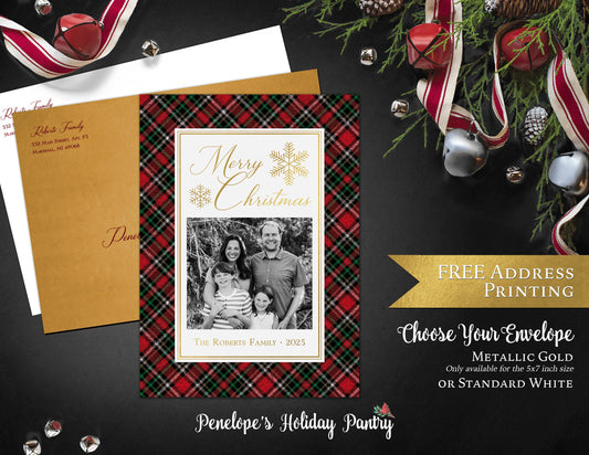 Elegant Plaid Christmas Photo Card Personalized Gold Foil Custom Text Printed Cards Envelopes Included FREE Address Printing Traditional