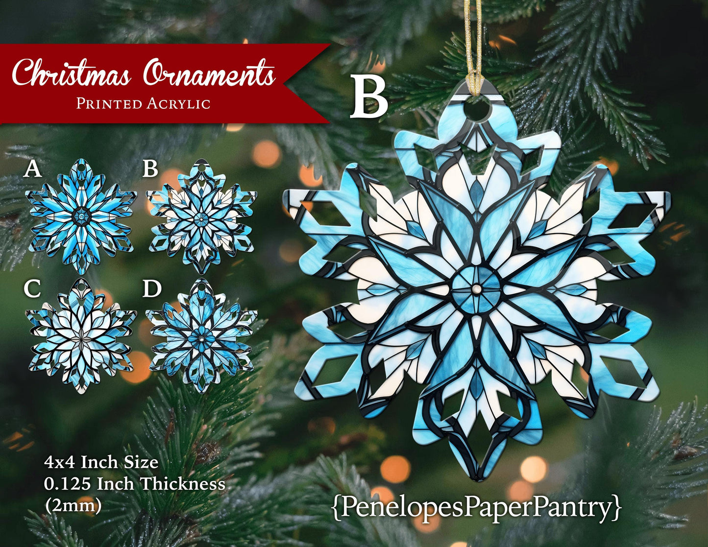 Unique Snowflake Christmas Tree Ornaments Faux Stained Glass Acrylic Four Designs Able To Personalize Gift For Her Gift For Him Keepsake