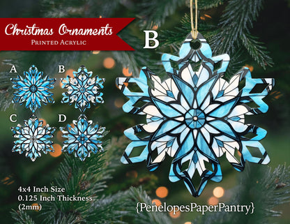 Unique Snowflake Christmas Tree Ornaments Faux Stained Glass Acrylic Four Designs Able To Personalize Gift For Her Gift For Him Keepsake