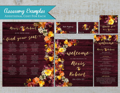 Burgundy and Burnt Orange Florals on Wood Background Fall Wedding Invitation, Set, or Suite