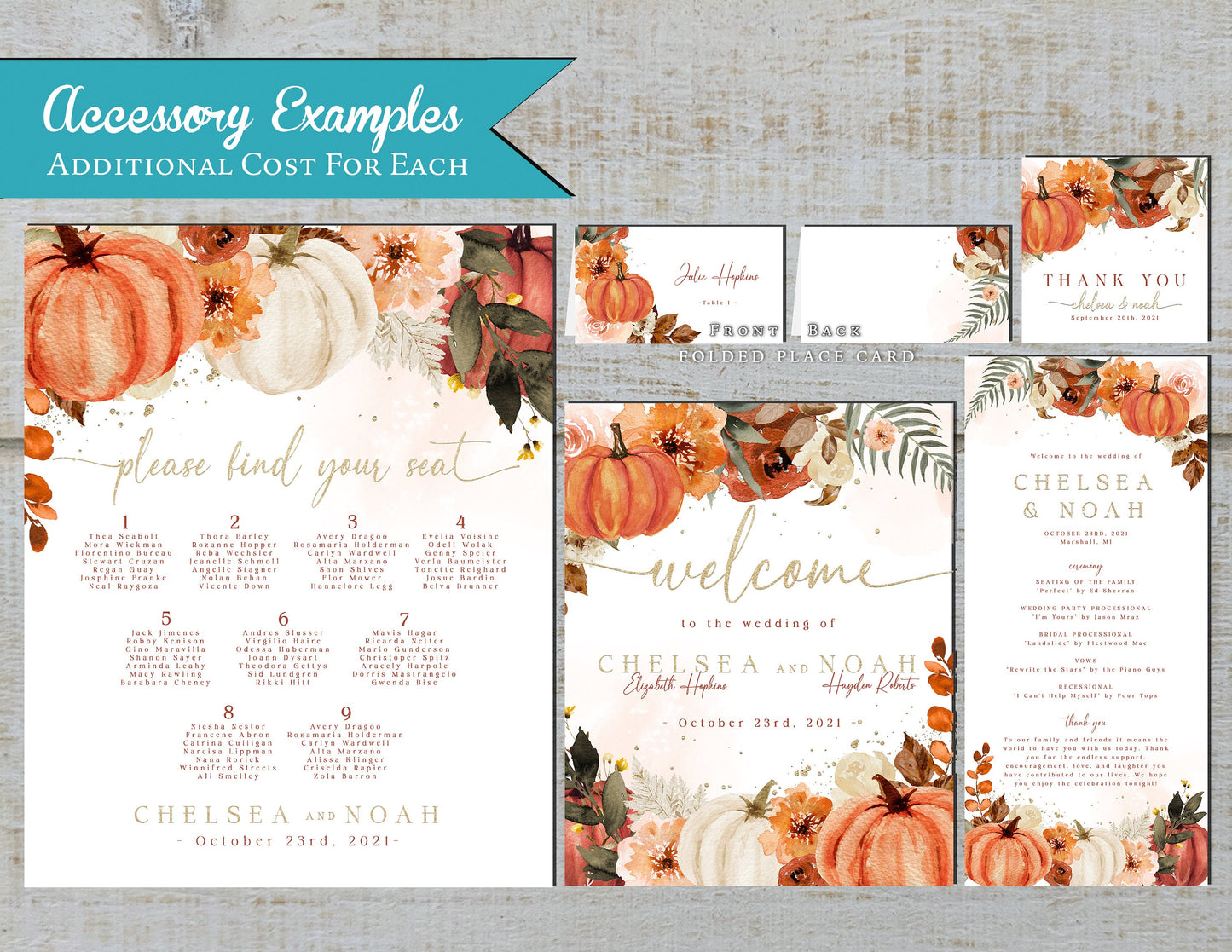 Pumpkin and Leaves on White Background Fall Wedding Invitation, Set, or Suite