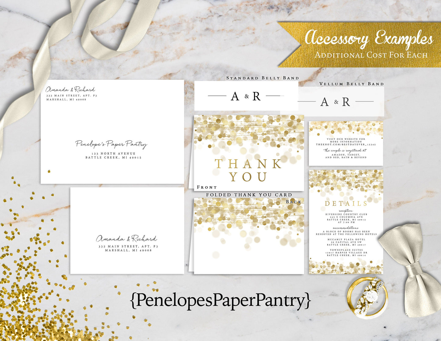 Gold Foil Bokeh String Lights on White Paper Wedding Invitation, Sets, or Suite
