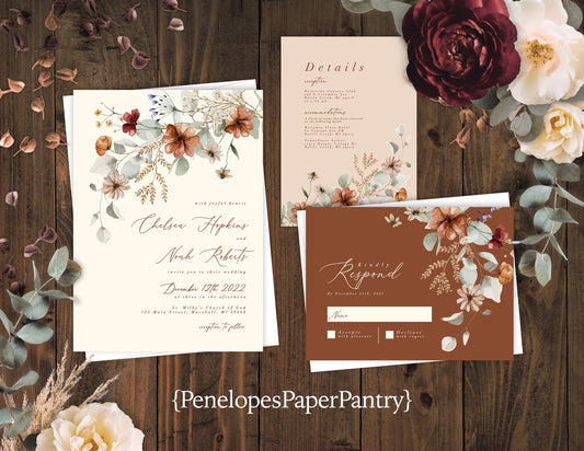 Elegant Wildflower Fall Wedding Invitation – Personalized Terracotta, Ivory & Sage with Calligraphy – Printed with Envelopes Included