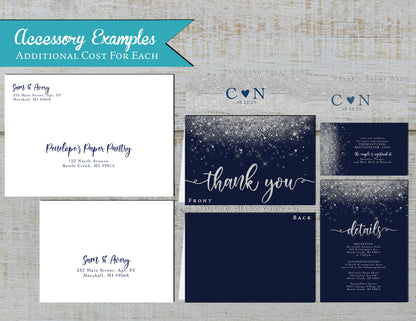 Silver Faux Glitter with Navy Blue Background Invitation Traditional Wedding Invitation, Sets, or Suite